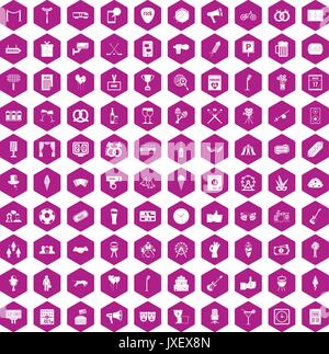 100 events icons hexagon violet Stock Vector