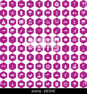 100 exotic animals icons hexagon violet Stock Vector