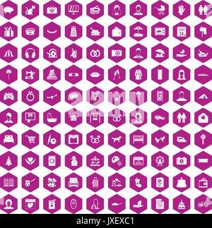 100 family icons hexagon violet Stock Vector