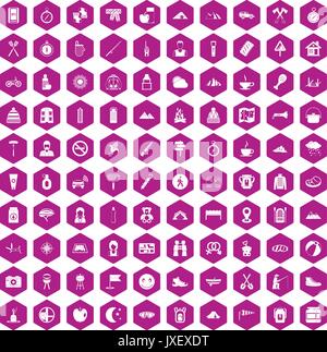 100 family camping icons hexagon violet Stock Vector