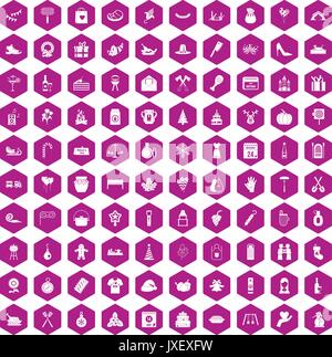 100 family tradition icons hexagon violet Stock Vector