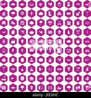 100 farm icons hexagon violet Stock Vector