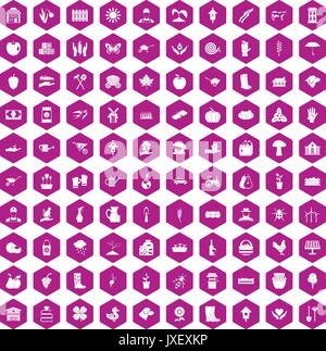 100 farm icons hexagon violet Stock Vector