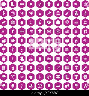 100 farming icons hexagon violet Stock Vector