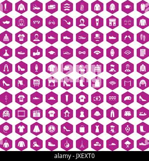 100 fashion icons hexagon violet Stock Vector
