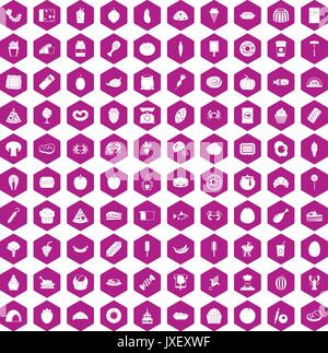100 favorite food icons hexagon violet Stock Vector