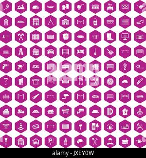 100 fence icons hexagon violet Stock Vector