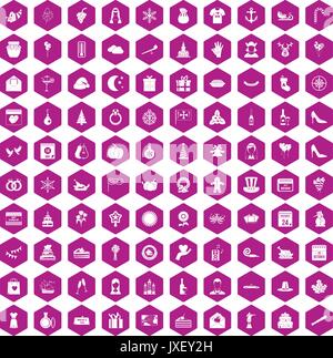100 festive day icons hexagon violet Stock Vector