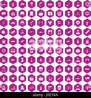 100 film icons hexagon violet Stock Vector