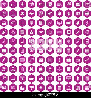 100 finance icons hexagon violet Stock Vector