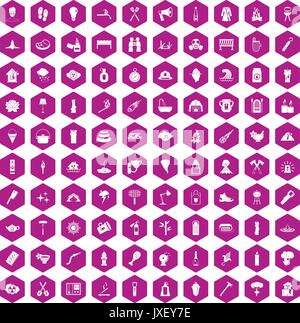 100 fire icons hexagon violet Stock Vector