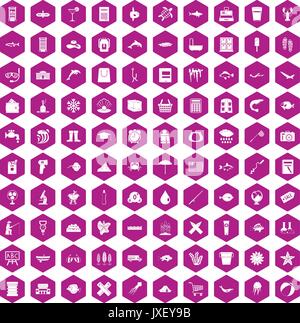 100 fish icons hexagon violet Stock Vector