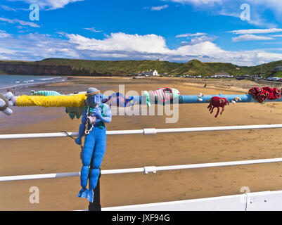 dh Guerilla knitting pier SALTBURN BY THE SEA CLEVELAND Knitted sea figures Neptune crochet yarn bombing storming knit urban art Stock Photo