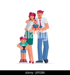 Happy family portrait. Mother, father son and daughter together. Elements are layered separately. Isolated on white background. Stock Vector