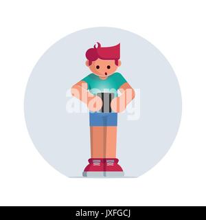 Red haired boy holding a tablet computer. Vector character illustration. Stock Vector
