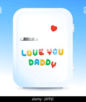 Modern fridge with colored letter magnets sign LOVE YOU DADDY and red heart-shaped magnet, for fathers day, vector illustration Stock Vector