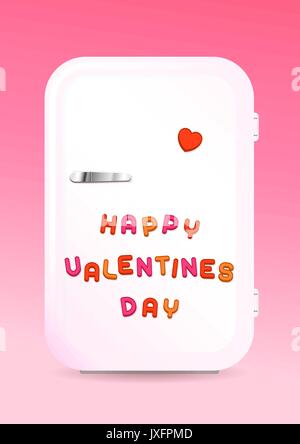 Retro fridge greeting card with HAPPY VALENTINES DAY sign of colored letter magnets on pink background, vector illustration Stock Vector