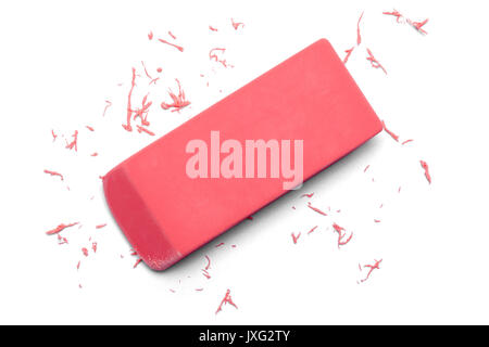Used Pink Eraser in Use Isolated on White Background. Stock Photo