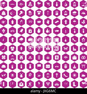 100 flowers icons hexagon violet Stock Vector