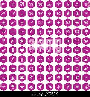 100 fly icons hexagon violet Stock Vector