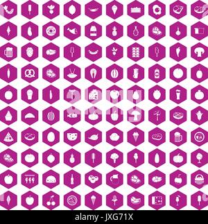 100 food icons hexagon violet Stock Vector