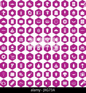 100 food shopping icons hexagon violet Stock Vector