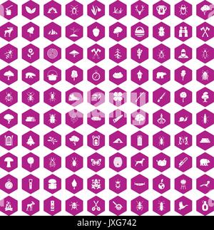 100 forest icons hexagon violet Stock Vector