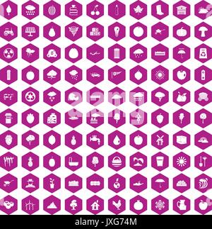 100 fruit icons hexagon violet Stock Vector