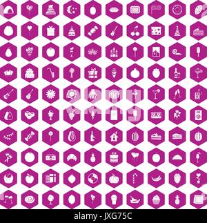 100 fruit party icons hexagon violet Stock Vector
