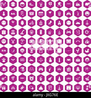 100 funny icons hexagon violet Stock Vector
