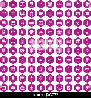 100 furnishing icons hexagon violet Stock Vector