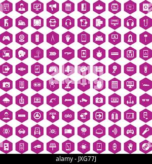 100 gadget icons hexagon violet Stock Vector