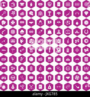 100 gambling icons hexagon violet Stock Vector