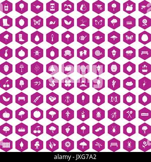 100 gardening icons hexagon violet Stock Vector