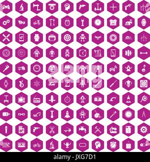 100 gear icons hexagon violet Stock Vector