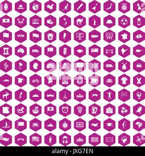 100 geography icons hexagon violet Stock Vector