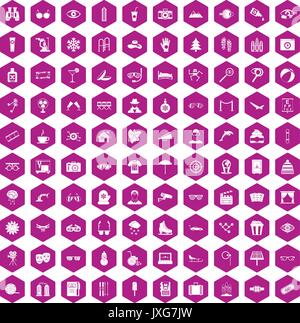 100 glasses icons hexagon violet Stock Vector