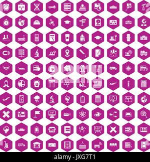 100 globe icons hexagon violet Stock Vector