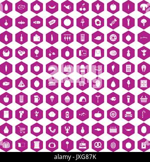100 grocery shopping icons hexagon violet Stock Vector