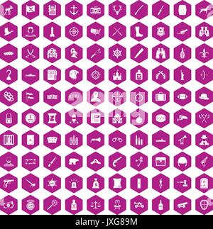 100 guns icons hexagon violet Stock Vector