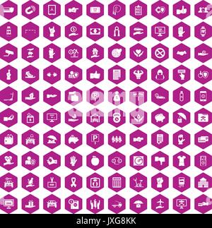 100 hand icons hexagon violet Stock Vector