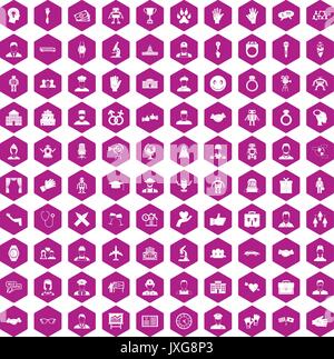 100 handshake icons hexagon violet Stock Vector