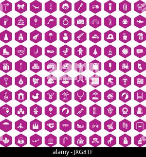 100 happy childhood icons hexagon violet Stock Vector