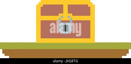 colorful pixelated treasure chest with padlock in meadow Stock Vector