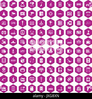 100 hardware icons hexagon violet Stock Vector