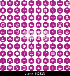 100 hat icons hexagon violet Stock Vector