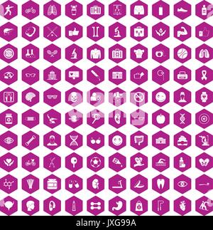 100 health icons hexagon violet Stock Vector