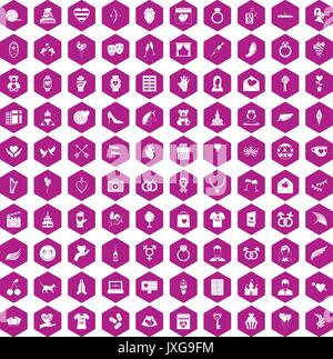 100 heart icons hexagon violet Stock Vector