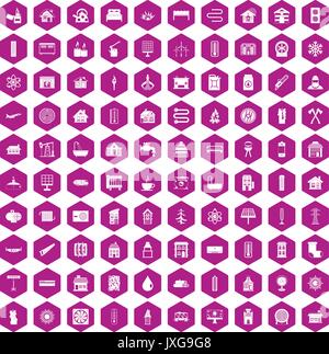 100 heating icons hexagon violet Stock Vector