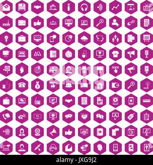 100 help desk icons hexagon violet Stock Vector